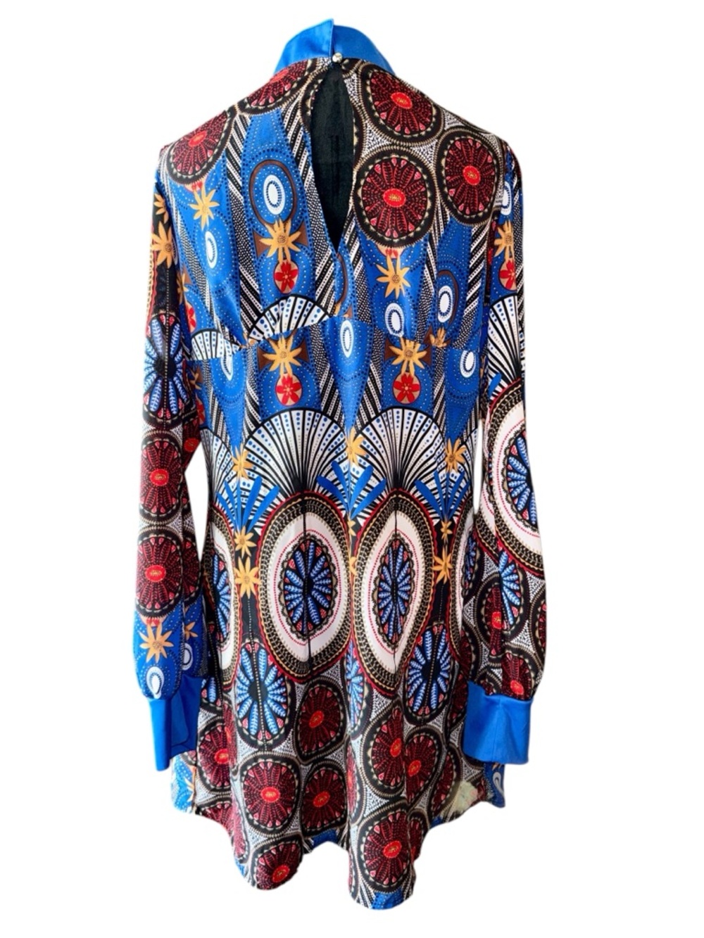 Fever Blue Mosaic-Print Long Sleeve 1970s Style Mini Party Dress, Size Medium